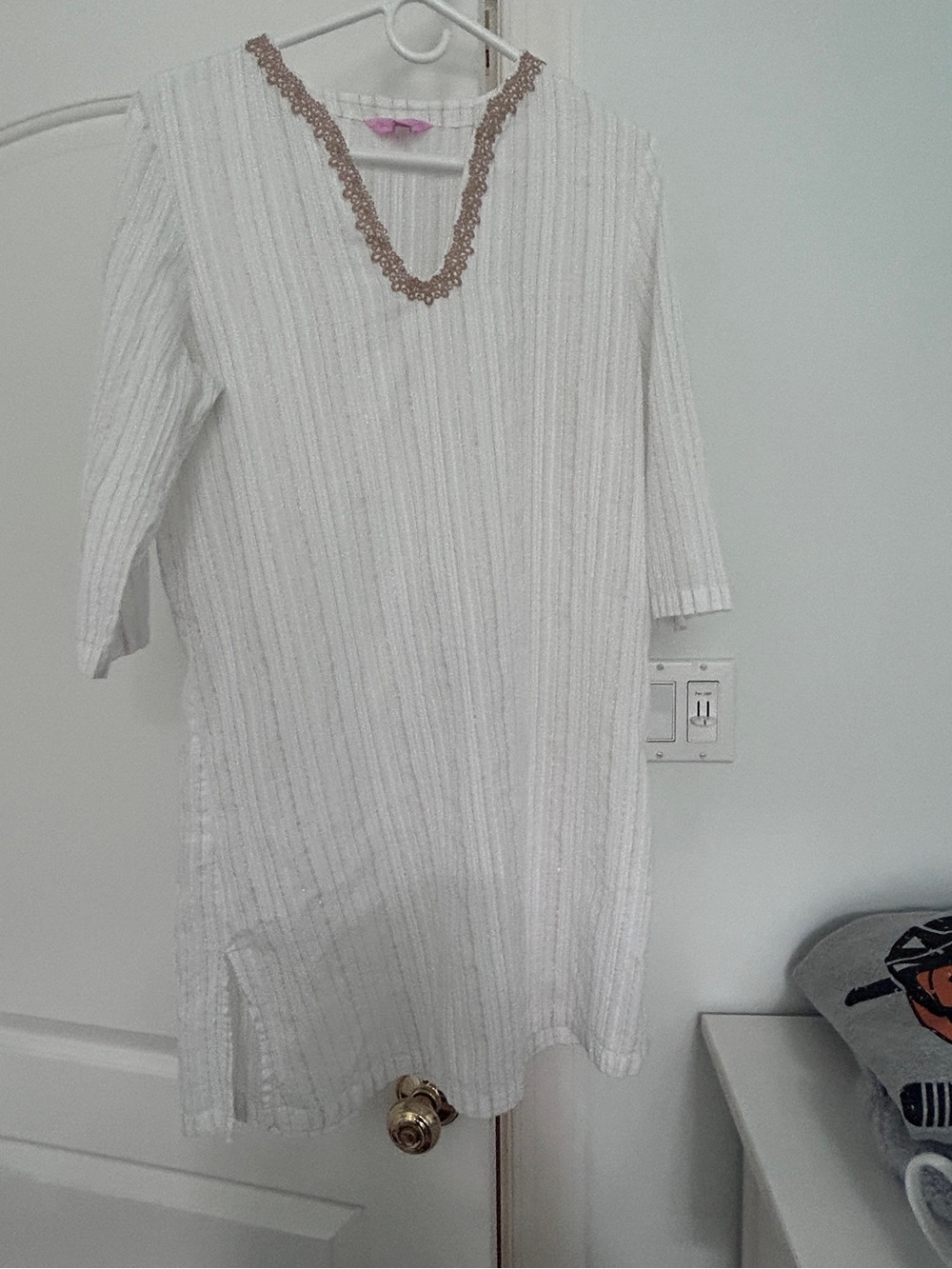 Lilly Pulitzer White Ribbed V-Neck Tunic Dress with Taupe Lace Trim